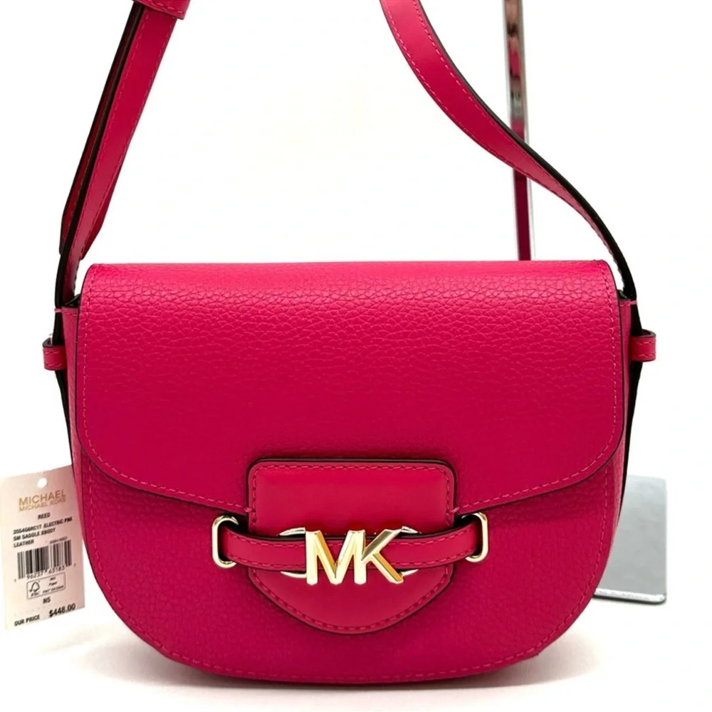 Michael Kors Small Reed Leather Saddle Crossbody Bag Electric Pink - Picture 3 of 10